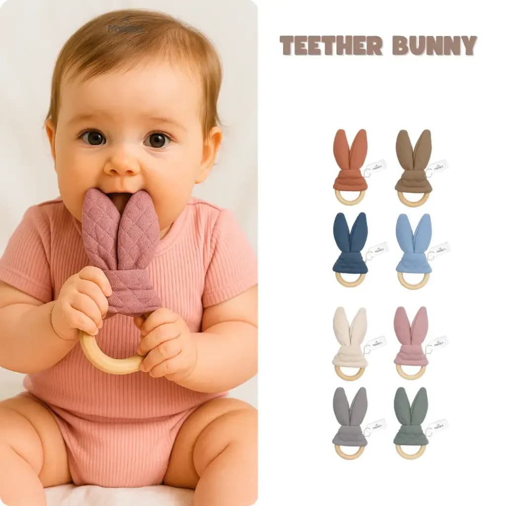 Mamaca Teether Mainan Gigi Bayi Bunny / Teether Baby Kayu & Kain Lembut Usia 3 Bulan